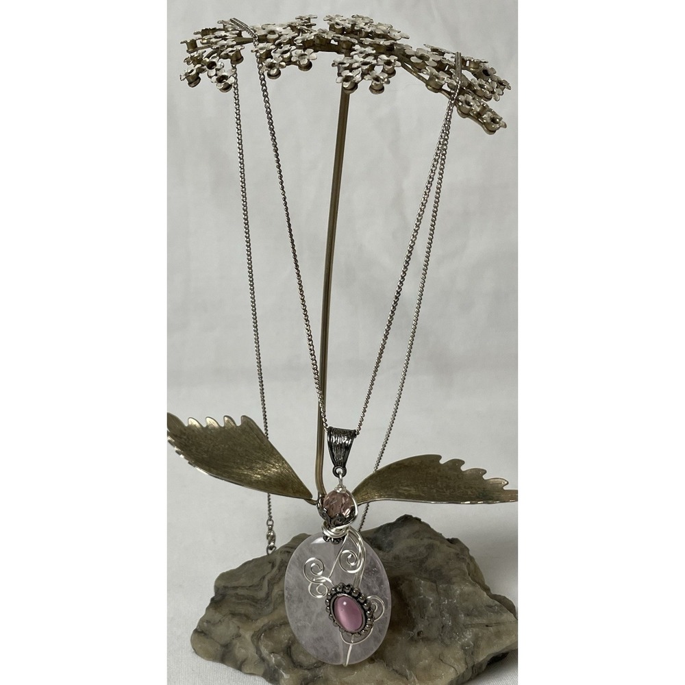Silver Tone Necklace Chunky Genuine Quartz Pendant Cable Chain